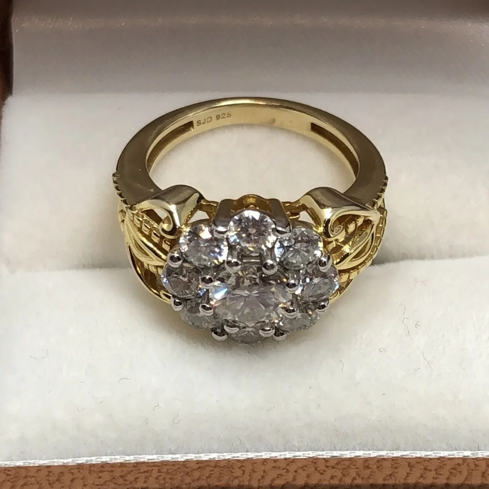 Moissanite Fire Ring 14K Yellow Gold Over 925 Silver Cluster Flower Size 6